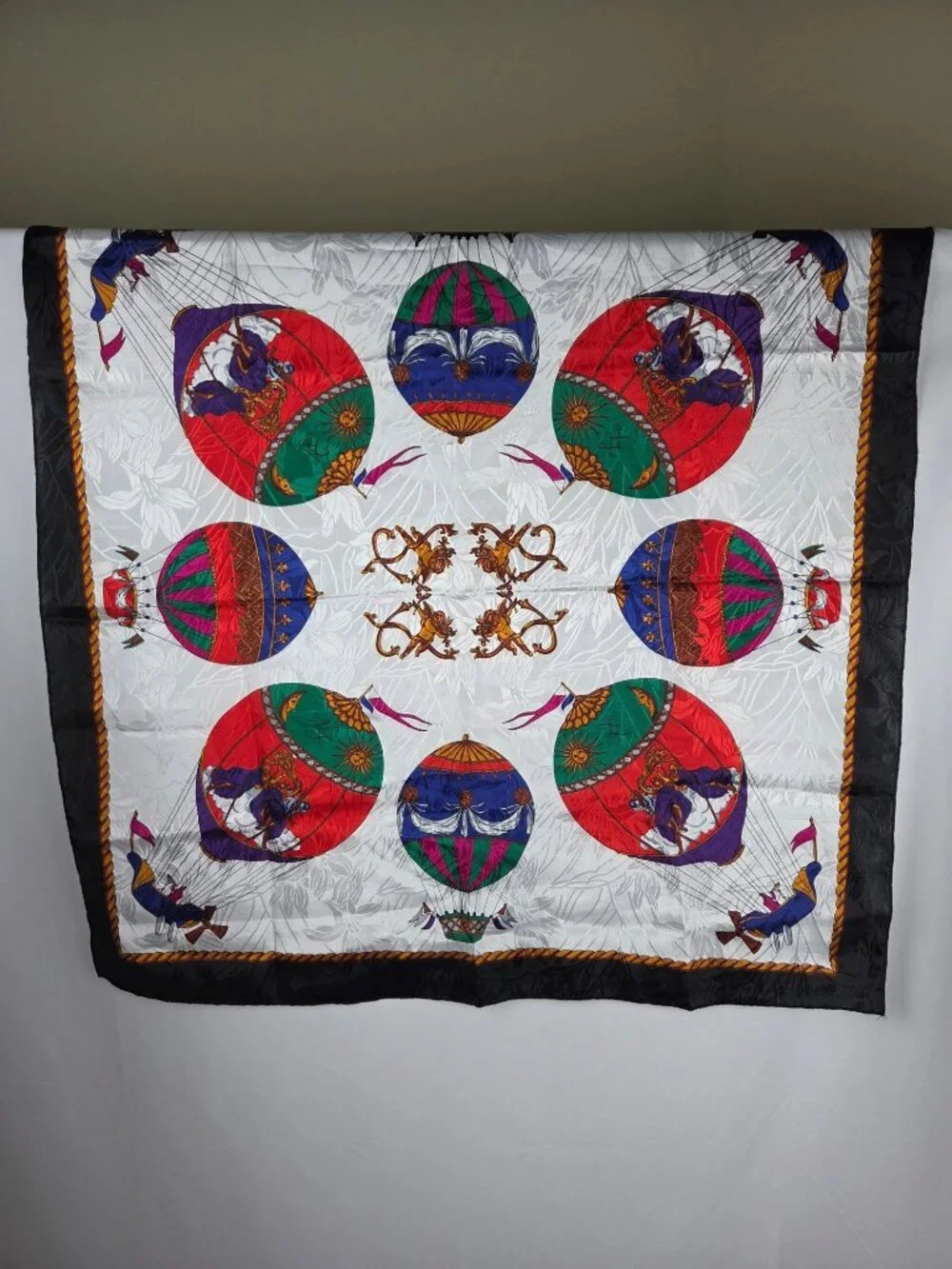 Vintage Hot Air Balloon & Cherub Silk Scarf Black Border White Gold 34